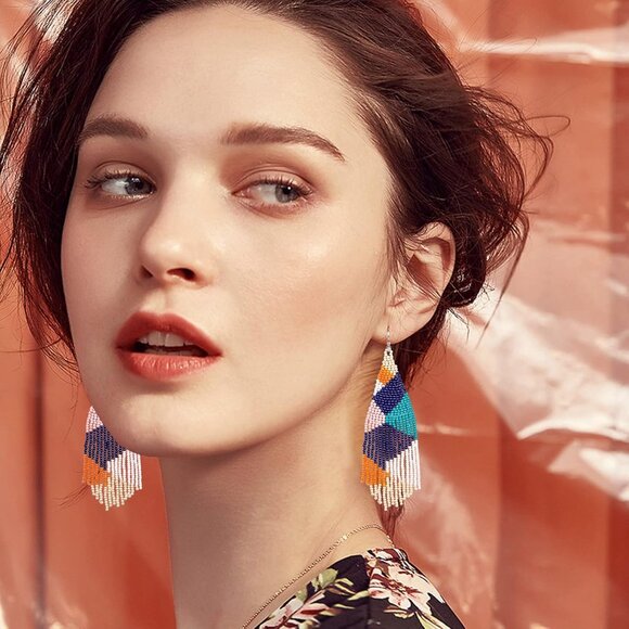 Long Beaded Drop Dangle Earrings Boho Native Handmade Seed Bead Tassel Earrings - Picture 4 of 6